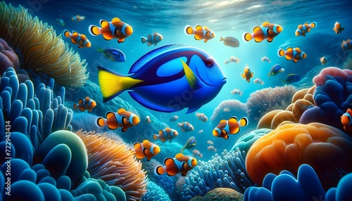 Blue Tang fish with Percula Clownfish, underwater, natural lighting, diffused lighting, vibrant colors, coral reef, marine life, aquatic ecosystem, tropical fish