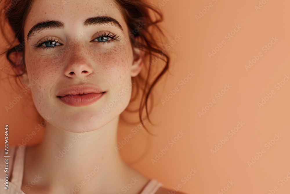 A Close-Up Shot Showcasing the Radiant Complexion of a Young Woman on a Peach-Toned Canvas A Close-Up Shot Showcasing the Radiant Complexion of a Young Woman on a Peach-Toned Canvas