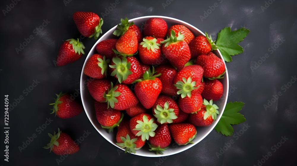 A bowl of strawberries with green leaves on a black background A bowl of strawberries with green leaves on a black background