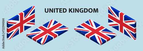 Isometric United Kingdom flag. 3D Great Britain flag in different angles. photo