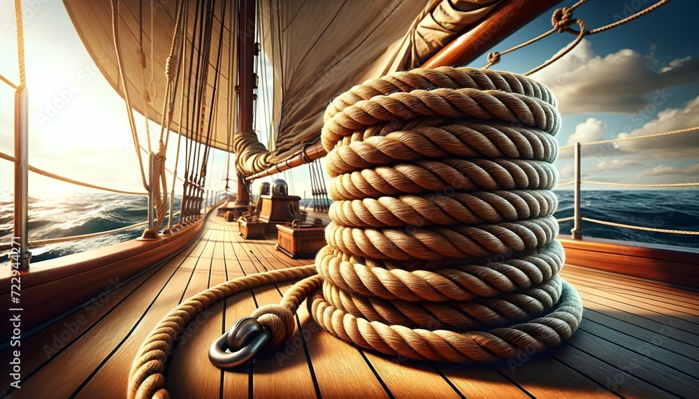 Obraz premium Jute Rope in Sailing Environment: Showcasing Thick Sturdy Natural Fibers on Wooden Deck with Sails and Open Sea in Bright Natural Lighting