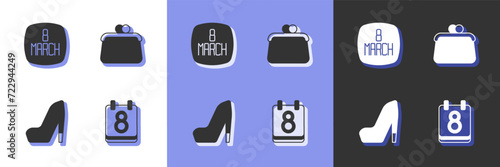 Set Calendar with 8 March, Woman shoe and Handbag icon. Vector
