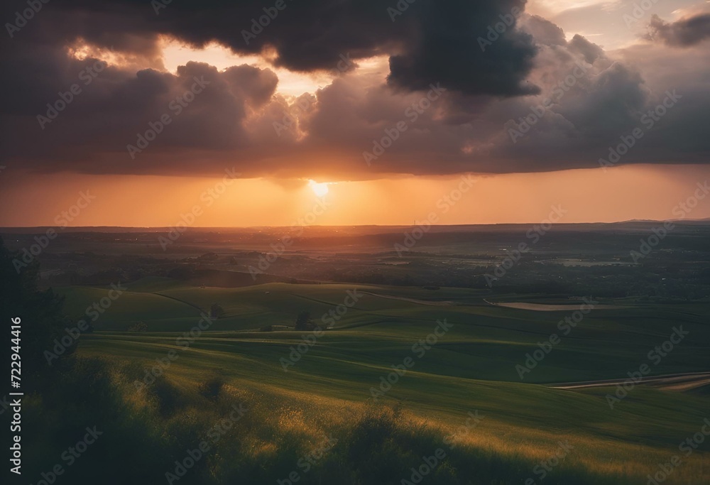 AI generated illustration of field and mountains at sunset with approaching storm clouds AI generated illustration of field and mountains at sunset with approaching storm clouds