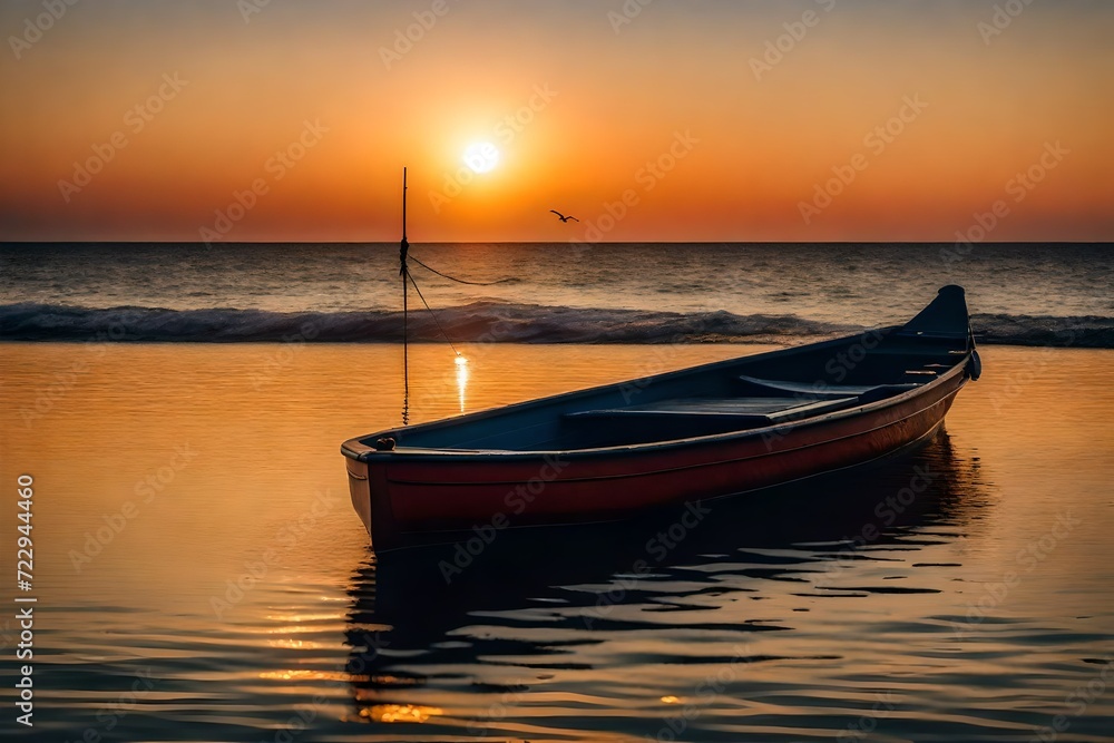 A breathtaking seascape at sunset, with a solitary boat peacefully drifting on the calm water, the sky ablaze with warm tones