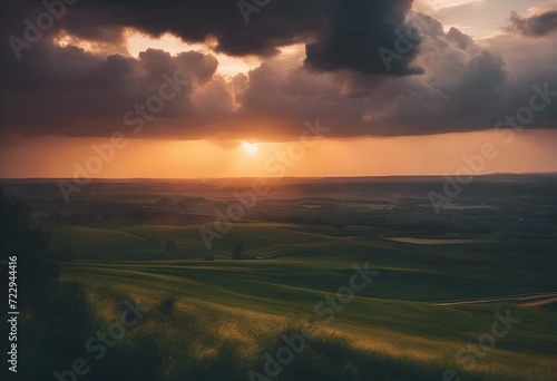AI generated illustration of field and mountains at sunset with approaching storm clouds © Wirestock