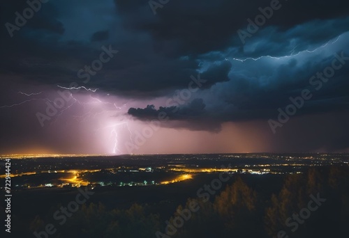 AI generated illustration of a cityscape with lightning striking dramatically in the background