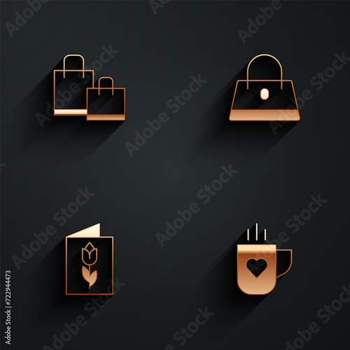 Set Paper shopping bag, Handbag, Greeting card with 8 March and Coffee cup heart icon with long shadow. Vector