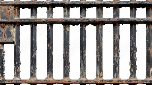 Old prison rusted metal bars cell lock isolated on white background. Jail bars.