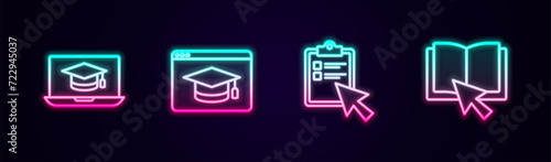 Set line Graduation cap on laptop, Online education, quiz, test, survey and book. Glowing neon icon. Vector