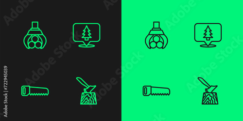 Set line Wooden axe in stump, Hand saw, Grapple crane grabbed log and Location of the forest icon. Vector