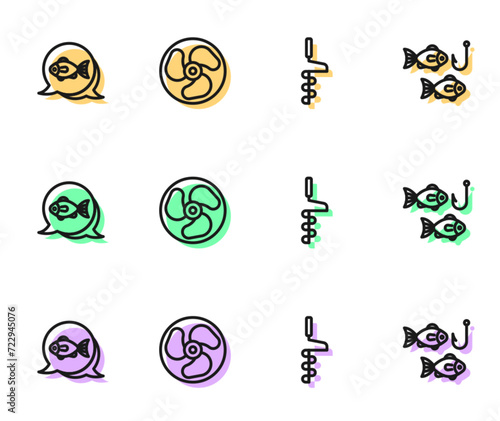 Set line Hand ice drill, Fish, Outboard boat motor and Fishing hook with fish icon. Vector