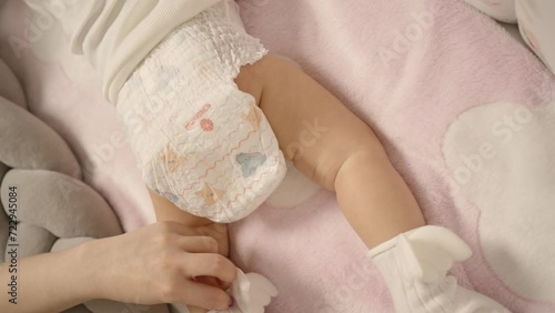 A toddler lying on a pink blanket wearing a diaper and white socks with wings, with a plush gray braid nearby, highlighting childcare and daily baby routine.