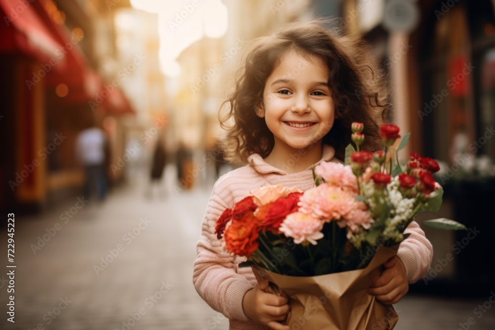 Fototapeta premium A happy worker child girl holds flowers in his hands on the background of a shop window
