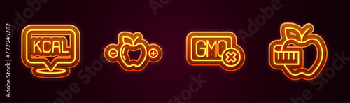 Set line Kcal, Calorie calculator, No GMO and Apple and measuring tape. Glowing neon icon. Vector