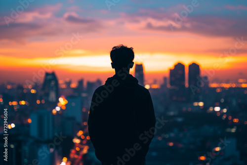 silhouette photo against a city skyline, with a person confidently looking towards the horizon, symbolizing optimism and self-confidence