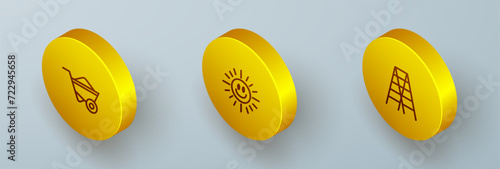 Set Isometric line Wheelbarrow, Sun and Wooden staircase icon. Vector