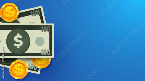 Background with money. Paper dollars and golden coins. Profit concept.