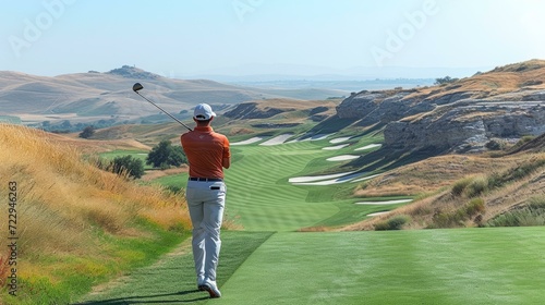 Male golfer teeing off at a golf course with a beautiful mountain landscape in the background