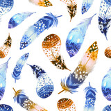 Seamless pattern with watercolor boho feathers in blue and orange tones
