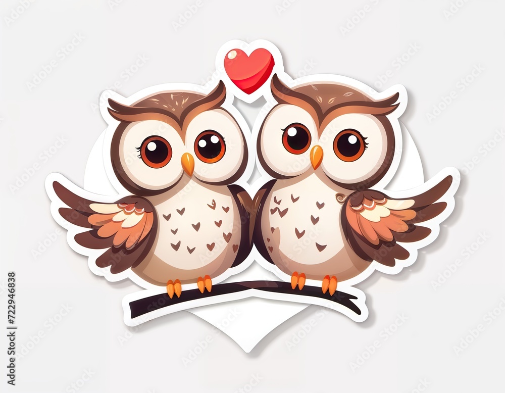 Fototapeta premium two brown owls with heart-shaped eyes sitting on a tree branch. They have heart-shaped eyes and are depicted in a cartoon style
