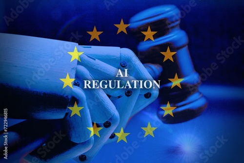 AI act regulation symbol in Europe. Concept words AI artificial intelligence act regulation on wooden block. Beautiful blue background. Business AI act regulation concept Copy space