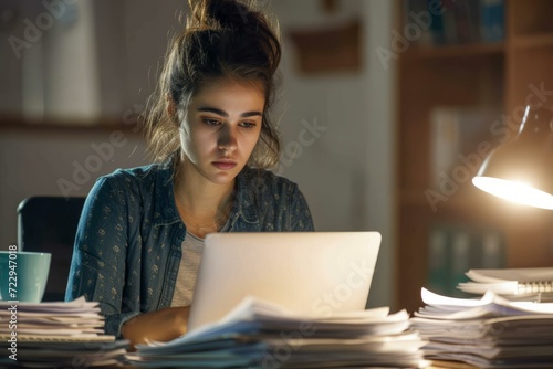 Young woman working late on laptop surrounded by paperwork