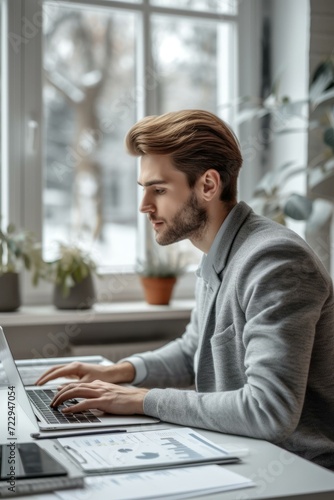 Focused young businessman working on laptop in modern office space