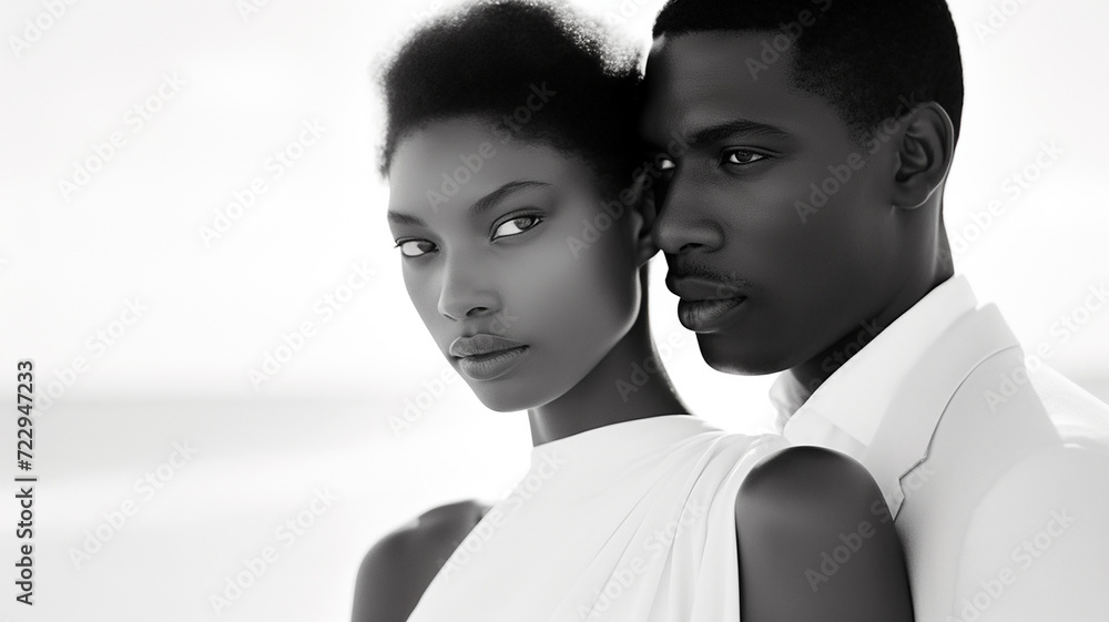 beautiful african american bride and groom embracing on the background of the sea. Black and white photograph, empty beach, clear facial features. beautiful african american bride and groom embracing on the background of the sea. Black and white photograph, empty beach, clear facial features.