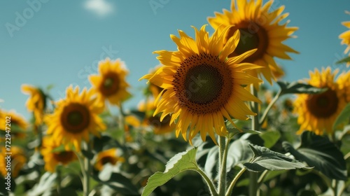 Field of sunflowers with a close up of one sunflower