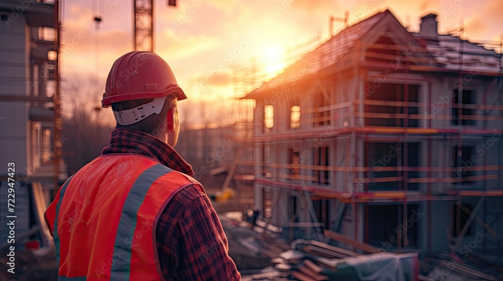 A construction engineer wearing helmet standing in the front of a house under construction. A construction engineer wearing helmet standing in the front of a house under construction.