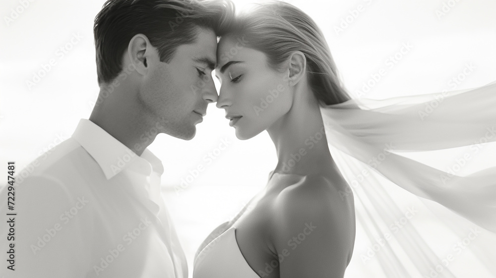 beautiful Caucasian bride and groom embracing on the background of the sea. Black and white photograph, empty beach, clear facial features. beautiful Caucasian bride and groom embracing on the background of the sea. Black and white photograph, empty beach, clear facial features.