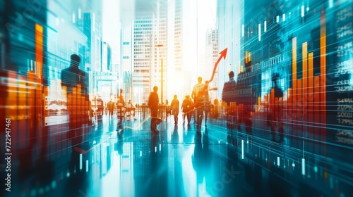 Business people walking in a modern city with skyscrapers and glass buildings with reflection and lens flare in the background photo