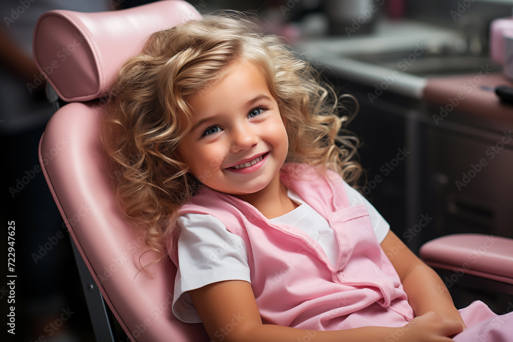happy little child kid caucasian cute girl smiles in a chair in the dentist office to the dental clinic for a hygienic procedure happy little child kid caucasian cute girl smiles in a chair in the dentist office to the dental clinic for a hygienic procedure