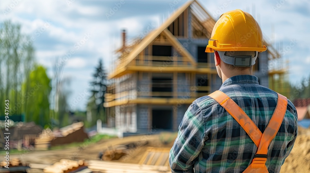 A construction engineer wearing helmet standing in the front of a house under construction. A construction engineer wearing helmet standing in the front of a house under construction.