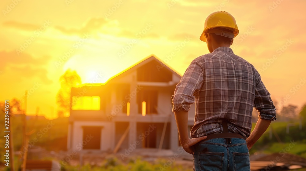 A construction engineer wearing helmet standing in the front of a house under construction. 