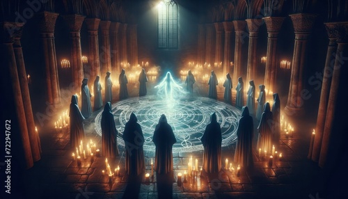 A mysterious assembly of hooded figures encircles a complex arcane symbol on the floor of a cathedral, with a central figure channeling a spectral light