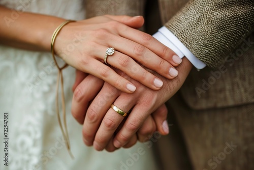 Golden wedding rings on newly married couple hands photo