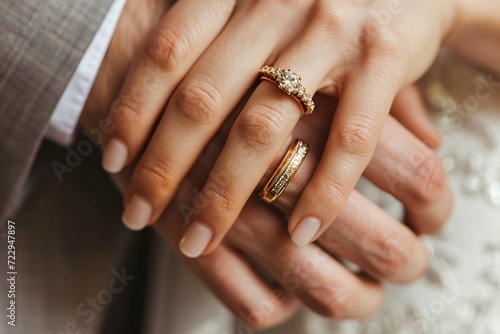 Golden wedding rings on newly married couple hands photo