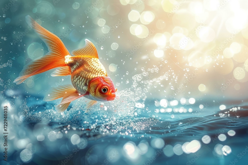 A goldfish is jumping out of the water