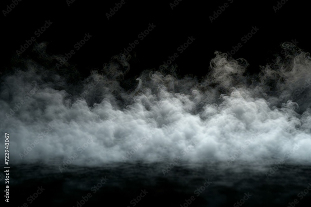 Obraz premium White smoke or fog cloud isolated on black background. Abstract background element. Texture for designers. White cloudiness. Mist or haze. Chemical reaction. Dry ice smoke.