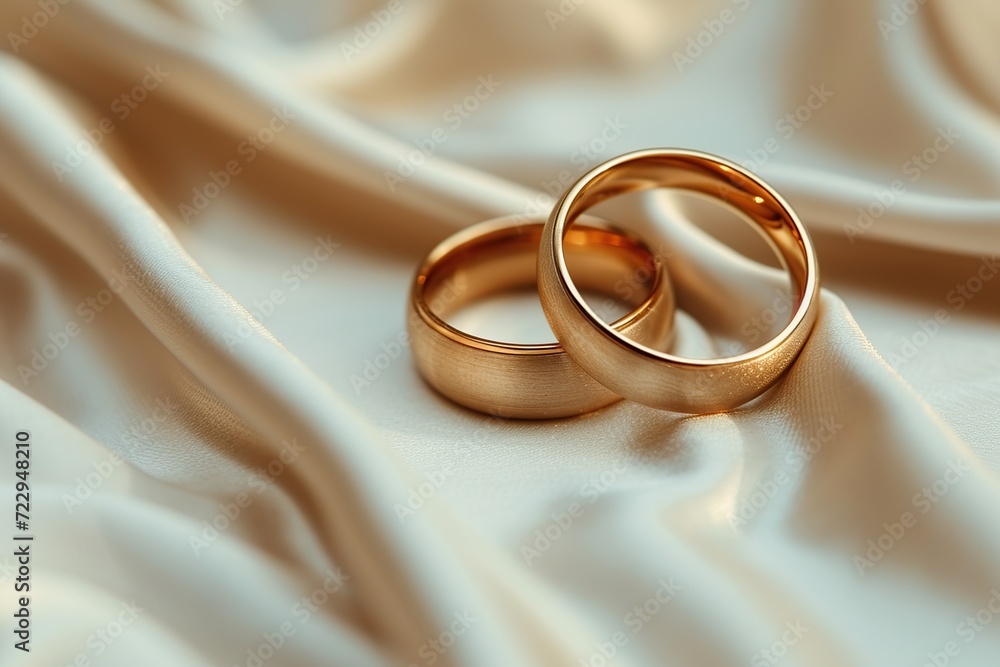 Two golden wedding rings on fabric background Two golden wedding rings on fabric background
