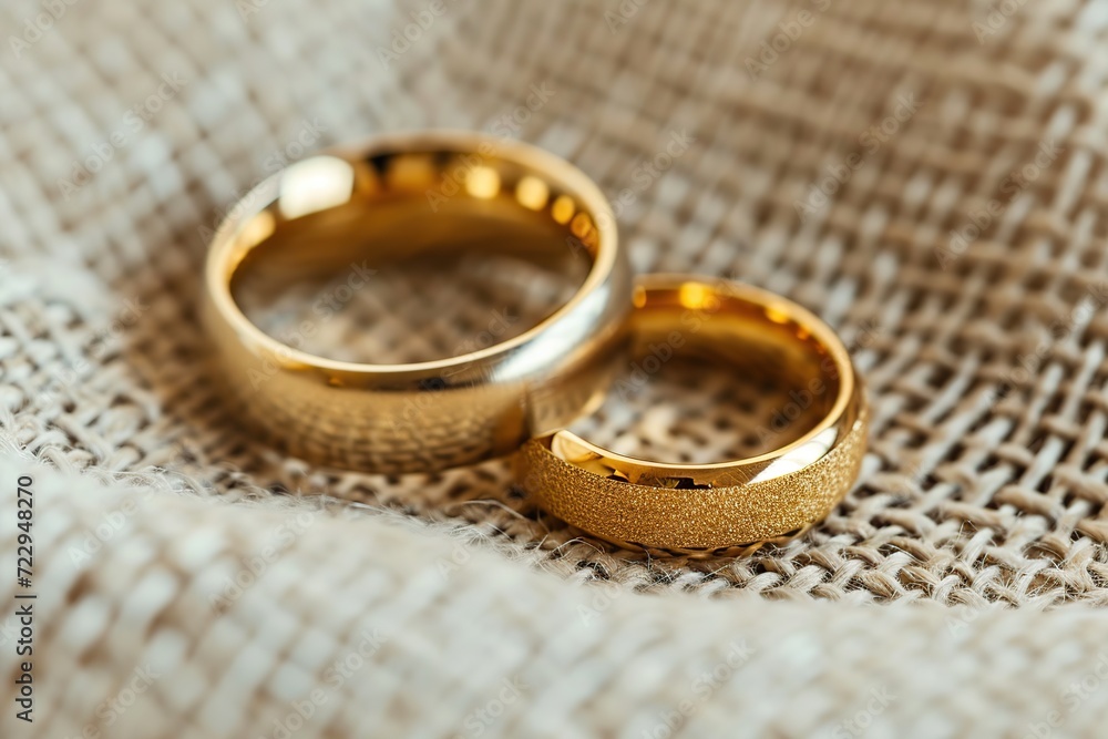 Two golden wedding rings on sackcloth background Two golden wedding rings on sackcloth background
