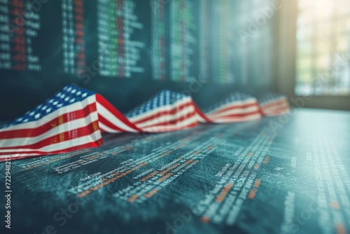 American flags on the background of stock market data photo