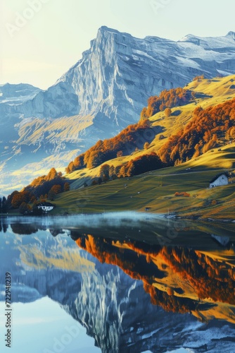 Scenic view of Swiss mountains and autumn forest reflecting in the water of a calm lake