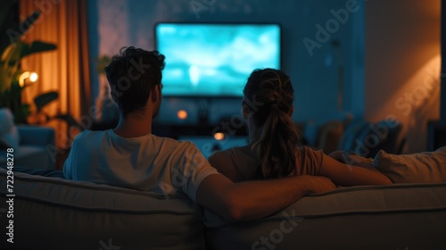 Back view of adult couple watching TV at home while sitting on sofa