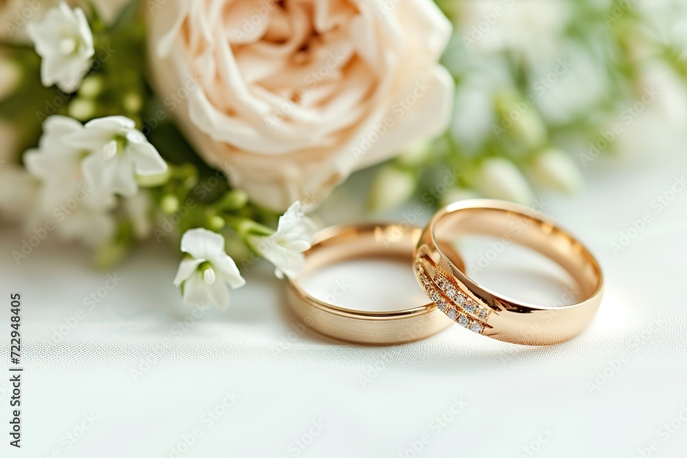 Two golden wedding rings with rose flowers on white background Two golden wedding rings with rose flowers on white background