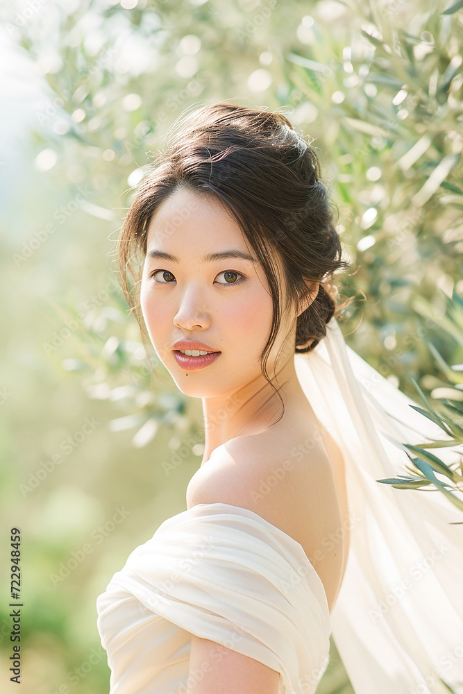 Beautiful asian bride in white wedding dress posing in olive grove. wedding portrait. Beautiful asian bride in white wedding dress posing in olive grove. wedding portrait.