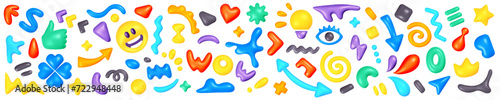 Vector bright illustration of set of different of abstract realistic shape on white color background. 3d cartoon style design of various decorative multicolored shine element collection
