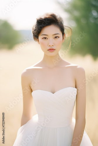 Beautiful asian bride in white wedding dress posing in olive grove. wedding portrait.