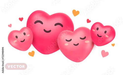Vector cartoon illustration of cute happy hugging heart character with eye and smile on white background. 3d style design of family love. Embrace heart set symbol for world day holiday